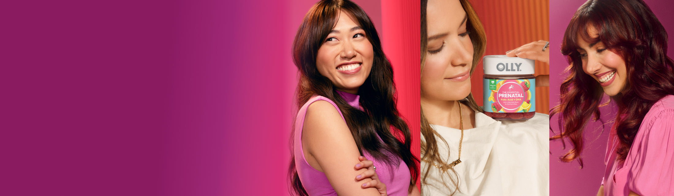 Three women are shown in a split-screen promotional layout on a magenta background.