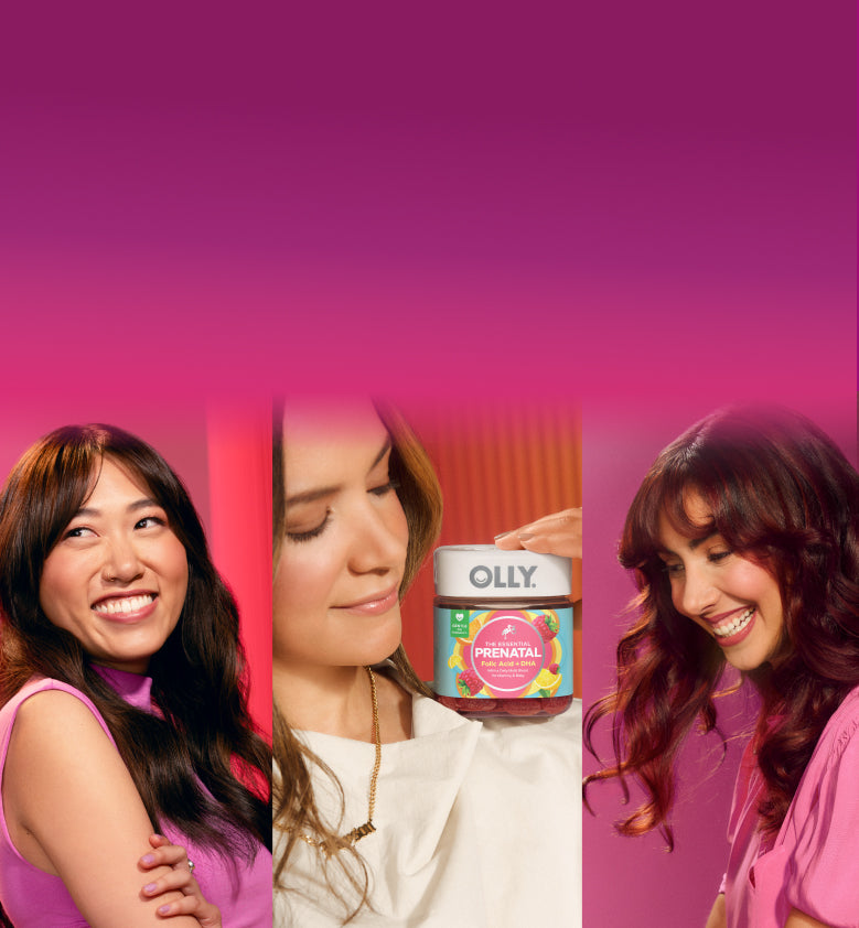 Three women are shown in a split-screen promotional layout on a magenta background.