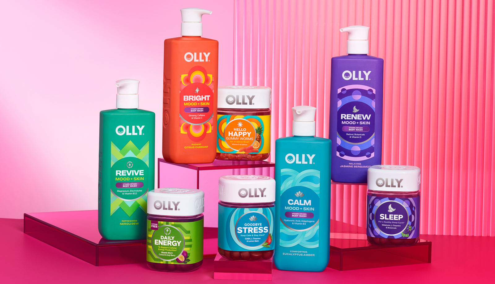 OLLY gummy vitamins and body products arranged on a colorful background
