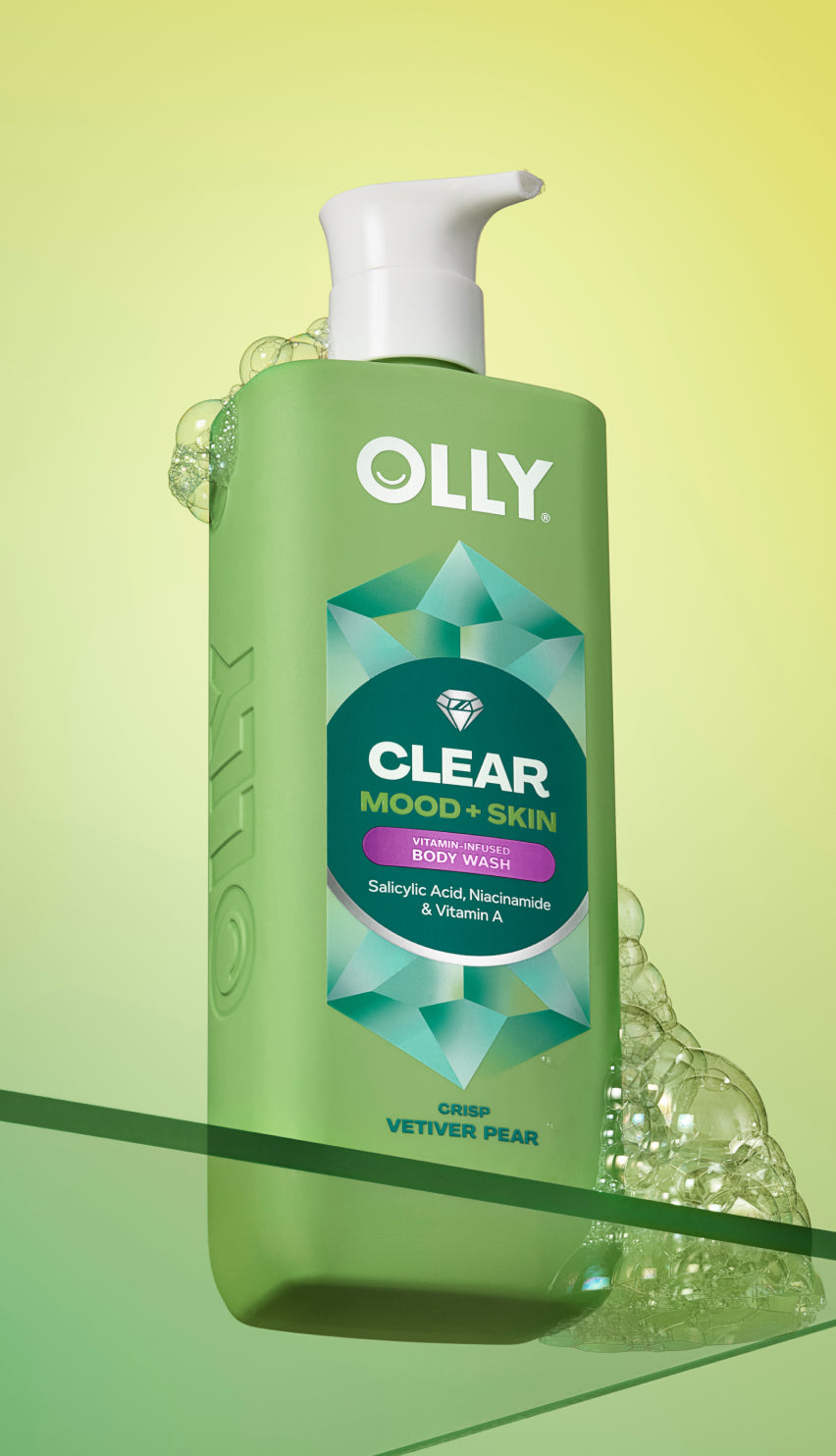 Olly clear mood & skin body wash bottle on a green background icon