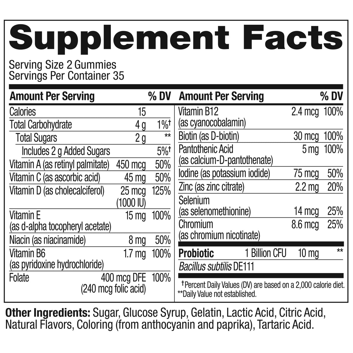  Adult Multi + Probiotic Vitamins Ingredients